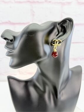 Chanel Gold-Tone CC Drop Earrings with Red Stone 2023